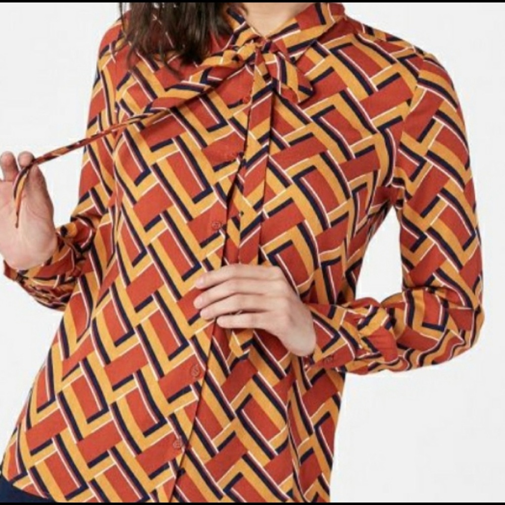 JustFab Retro Bow Long Sleeve Blouse